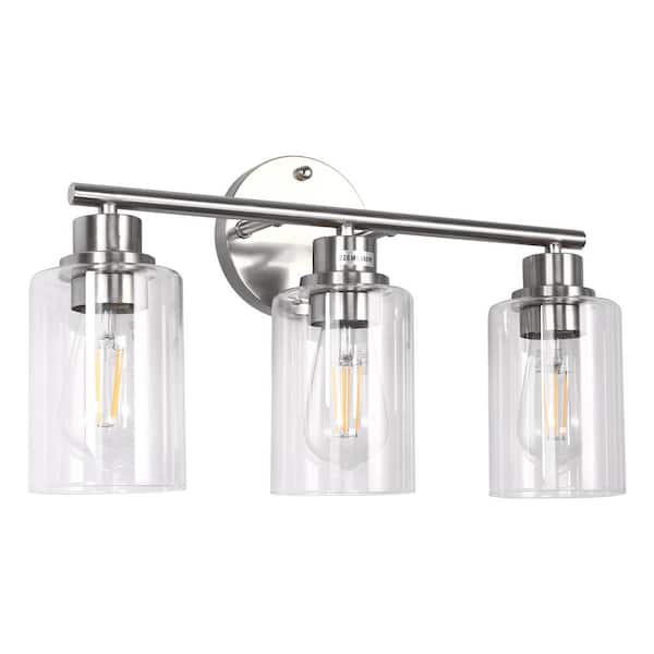 Briignite 15.7 in. 3-Light Brushed Nickel Cylinder Modern Bathroom Vanity Light with Clear Glass Shade, Wall Lamp for Mirror