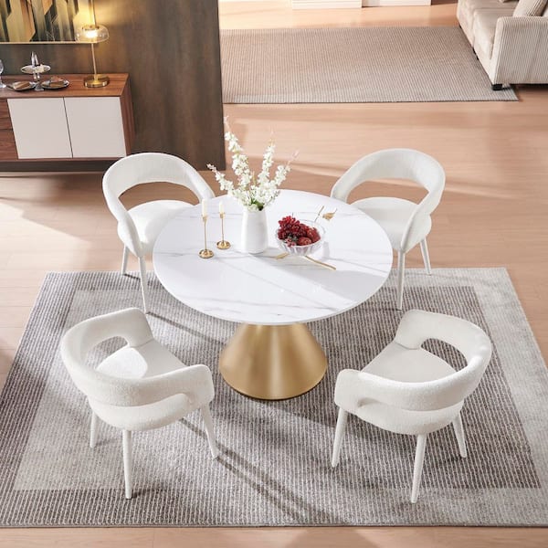 Decent 5-Piece Faux Marble Round Dining Table with Boucle Chairs in White Dining Room Set for Kitchen Seats 4