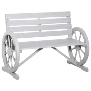Wooden Wagon Wheel Bench 41 in. 2 -Person Slatted Seat Bench with Backrest Light Gray Wood Outdoor Bench