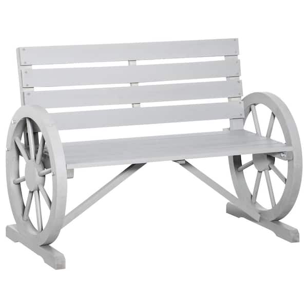 ITOPFOX Wooden Wagon Wheel Bench 41 in. 2 -Person Slatted Seat Bench with Backrest Light Gray Wood Outdoor Bench