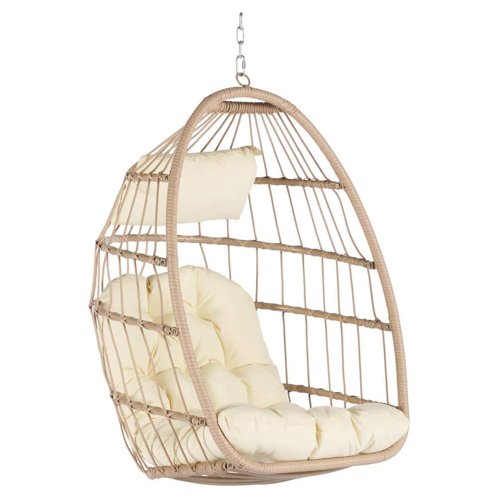 Patio Wicker Metal Porch Swing Outdoor Egg Hanging Chair with Beige Cushion