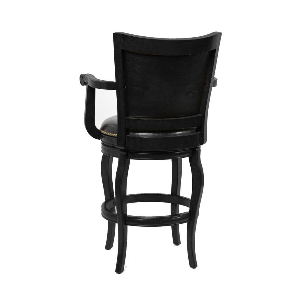 Hugo 29" Adjustable Swivel Barstool with Wood Arms in Black Leather