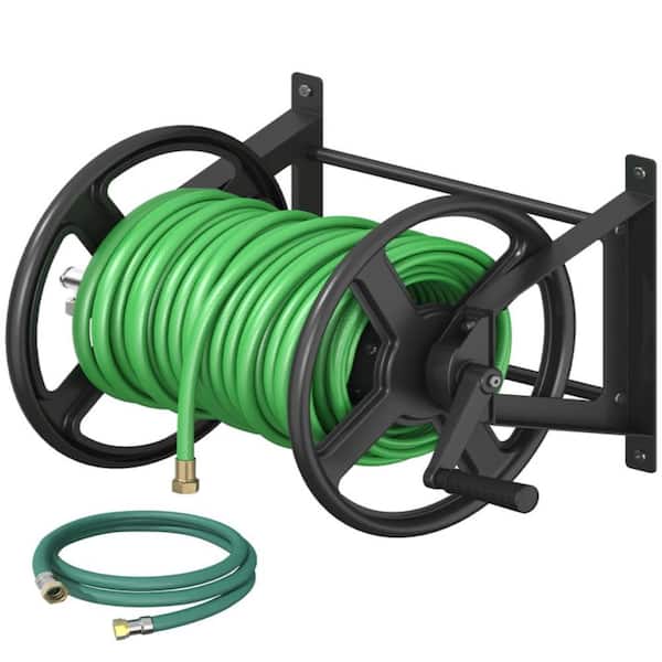 19.3 in. x 14.5 in. x 12 in. Steel Wall Mounted Garden Hose Reel with Brass Fittings Black