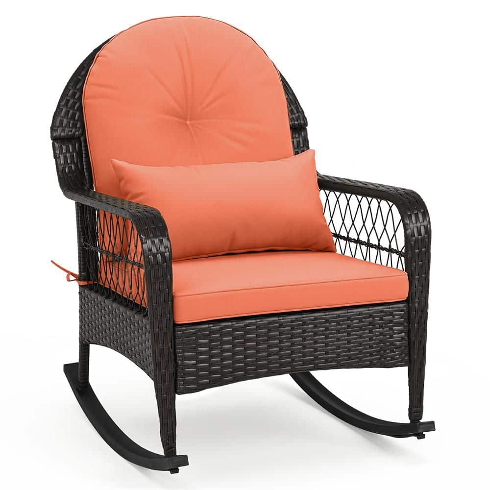 Costway Wicker Outdoor Rocking Chair with Orange Cushioned