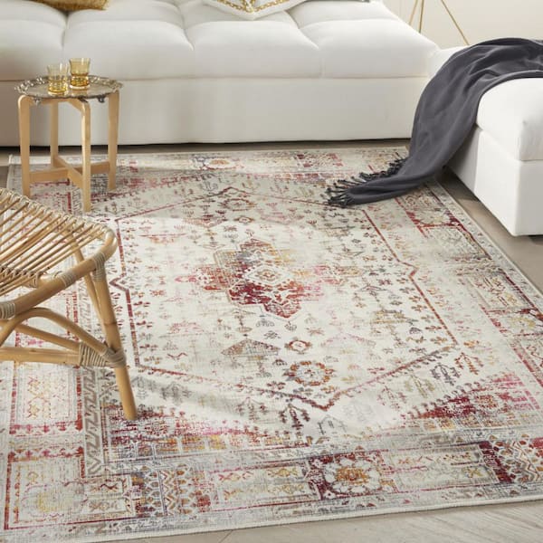 5 ft. x 8 ft. Ivory Red And Orange Floral Distressed Area Rug