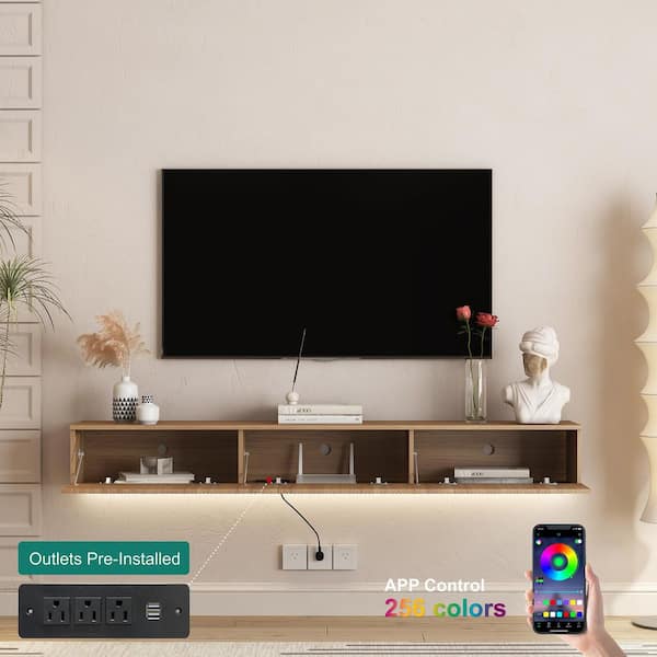 69 in. W x 11.8 in. D Brown MDF Wood Floating TV Stand Shelves Decorative Wall Shelf with Lights and Power Outlet