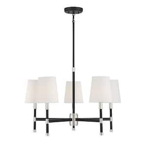 Brody 28 in. W x 18 in. H 5-Light Matte Black with Polished Nickel Accents Chandelier with White Fabric Shades
