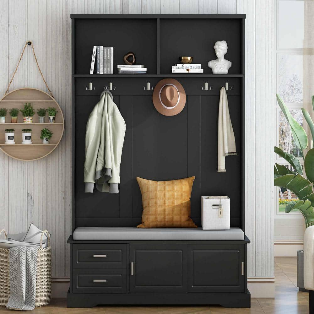 Black MDF Hall Tree with Storage and Hooks