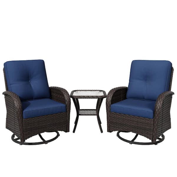 3-Pieces Dark Brown Wicker Outdoor Rocking Chairs Patio Swivel Chairs with Blue Cushions and Table