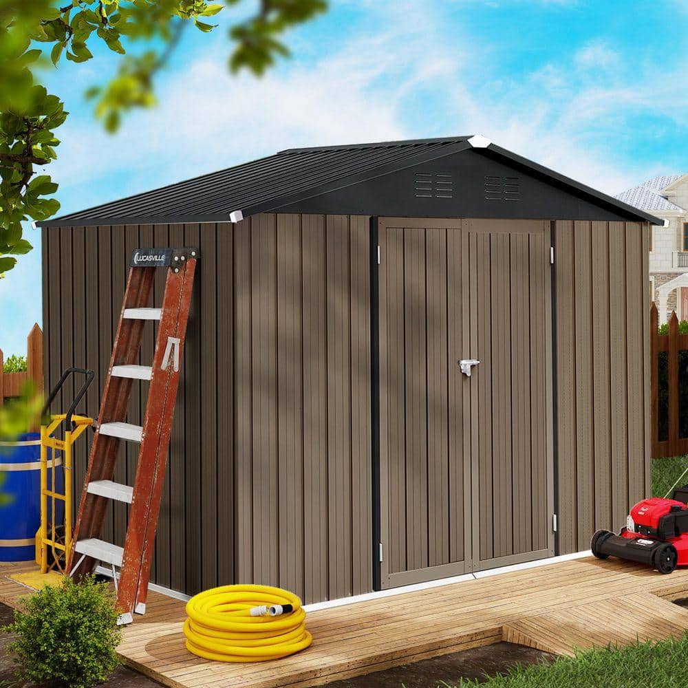 ToolCat 8 ft. D x 6 ft. W Metal Garden Shed, Brown/Black