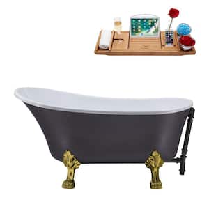 55 in. Acrylic Clawfoot Non-Whirlpool Bathtub in Matte Grey With Brushed Gold Clawfeet And Matte Black Drain