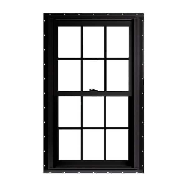 American Craftsman 27.75 in. x 46 in. 70 Series Low-E Argon Glass Double Hung No J Black Vinyl Fin Window with Grids, Screen Included