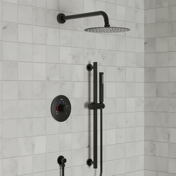 2-Spray 10 in. Wall Mount Dual and Handheld Shower Head with Slider Bar 1.8 GPM in Matte Black (Valve Included)