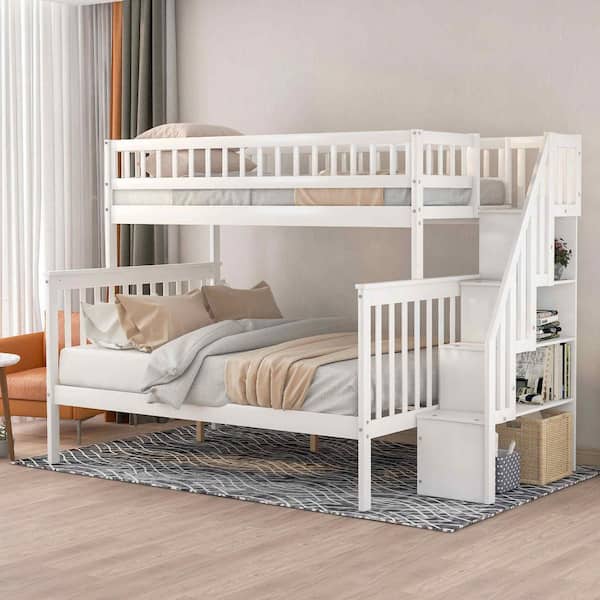 Polibi White Twin over Full Stairway Bunk Bed with storage