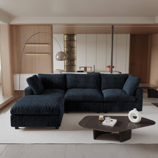 J&E Home 118.1 in. W Square Arm Faux Rabbit Plush Fabric L Shaped Sofa in. Black with Ottoman