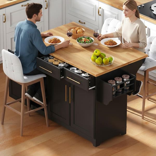 Modern Black Wood 59.3 in. Drop Leaf Power Outlet Kitchen Island with Trash Can Storage and Pull Out Cabinet Organizers