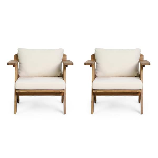 Misopily Geometric Design Solid and Heavy-Duty Acacia Wood Frame Outdoor Lounge Chair with Water-Resistant Beige Cushion (2-Pack)