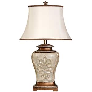28 in. Antique White With Gold Accents Table Lamp with White Fabric Shade