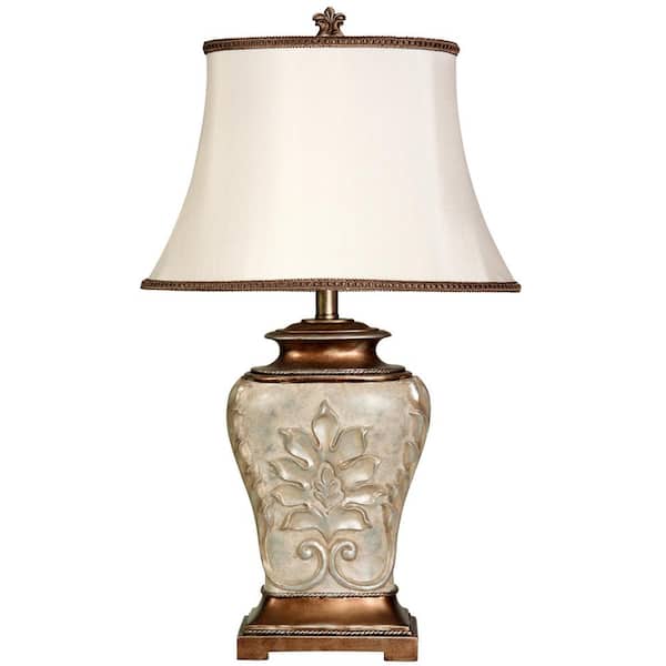 StyleCraft 28 in. Antique White With Gold Accents Table Lamp with White Fabric Shade