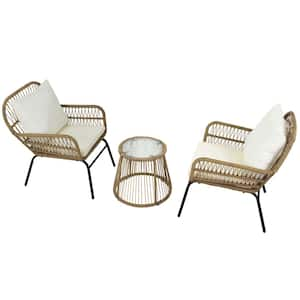 Natural 3-Piece Outdoor Wicker Patio Balcony Chair Set with Beige Cushion and Round Tempered Glass Table