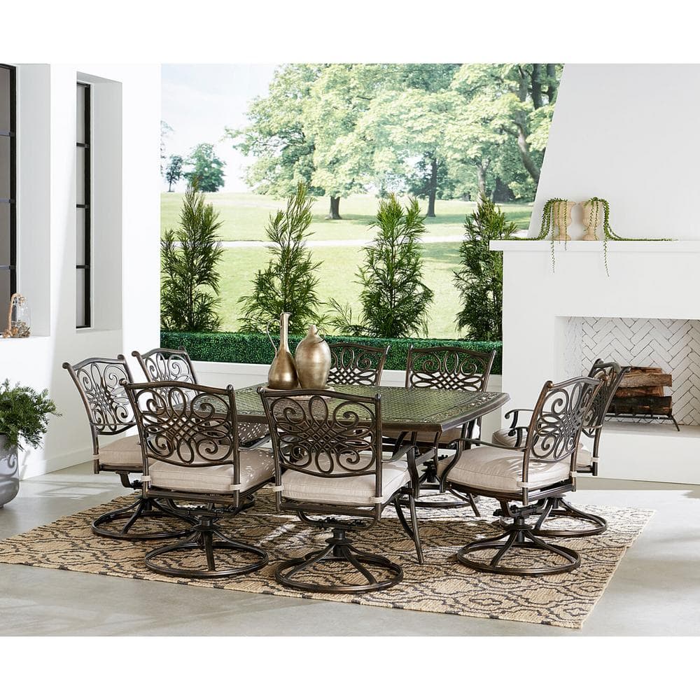 Agio Renditions 9 Piece Aluminum Outdoor Dining Set with Sunbrella Silver Cushions 8 Swivel Rockers and 60 in. Table RENDN9PCSWSQ8 SLV The Home