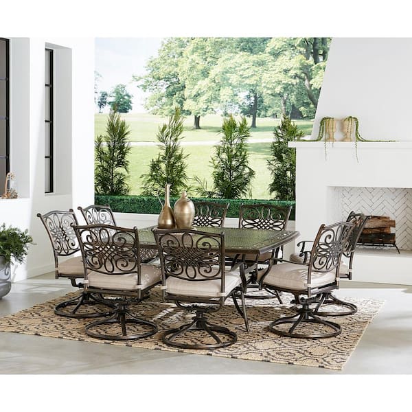 Agio Renditions 9-Piece Aluminum Outdoor Dining Set with Sunbrella Silver Cushions, 8 Swivel Rockers and 60 in. Table