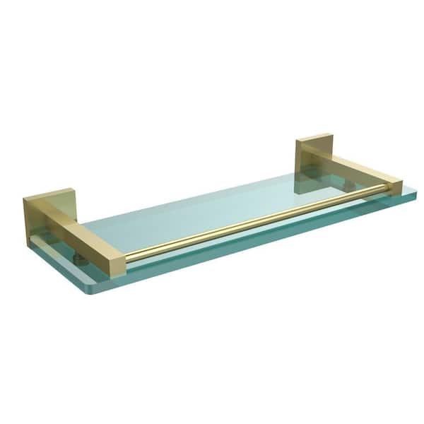 Montero 16 in. L x 2 in. H x 5-3/4 in. W Clear Glass Vanity Bathroom Shelf with Gallery Rail in Satin Brass