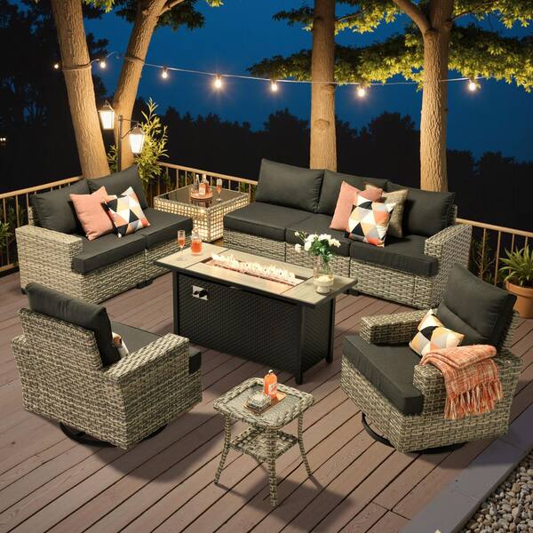 XIZZI Novique 10-Pieces Wicker Rectangular Fire Pit Sets and Swivel Rocking Chairs with Black Cushion