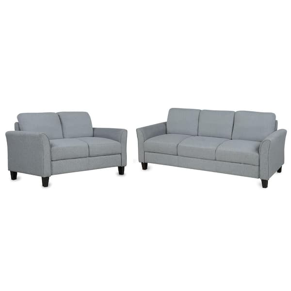 Angel Sar 76 in. Wide Flared Arm Linen Mid-Century Modern Straight Reclining Sofa in Gray and Loveseat Set