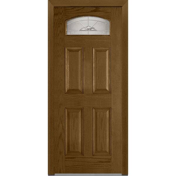 MMI Door 36 in. x 80 in. Master Nouveau Right-Hand Inswing 1/4-Lite Decorative 4-Panel Stained Fiberglass Oak Prehung Front Door