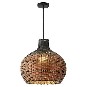 1-Light Black and Brown Rattan Pendant Light with Shade 15.74 in.