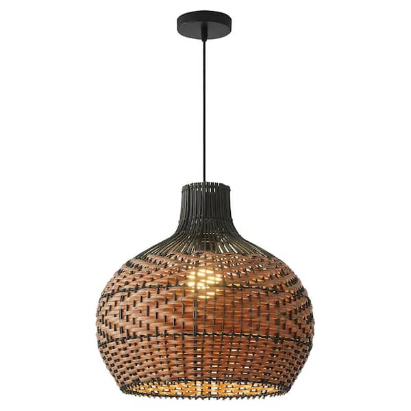 ARTURESTHOME 1-Light Black and Brown Rattan Pendant Light with Shade 15.74 in.