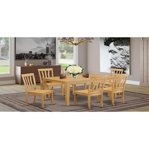 East West Furniture 7-Piece Rectangle Natural Oak Finish Solid Wood Top Dining Table with 6 Chairs with Lattice Back