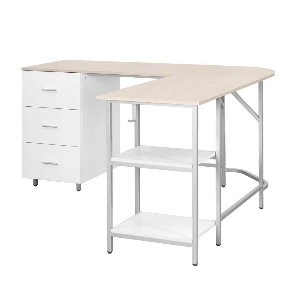 Sand Wood L-Shape Gaming Computer Desk with Drawer