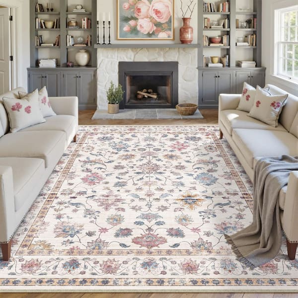Mystery Garden Beige 6 ft. x 9 ft. Distressed Vintage Floral Washable Area Rug