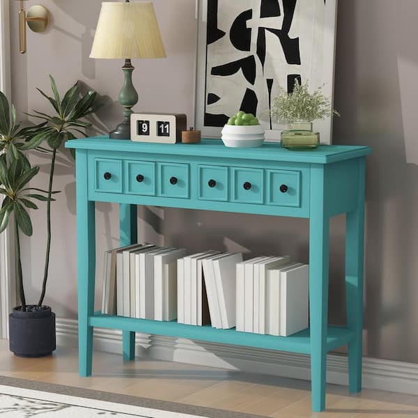 Harper & Bright Designs 38.2 in. Teal Rectangle Wood Console Table with Open Shelf, Rubber Wood Legs and 2-Drawers