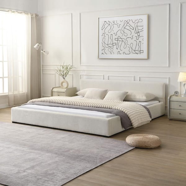 Malachi Modern Elegant Beige Polyester Fabric Upholstered Wood Frame King Size Platform Bed