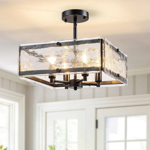 TinHon 14.5 in. 4-Light Modern Semi-Flush Mount Ceiling Light in Black with Hammered Glass Panels for Living Room or Entryway