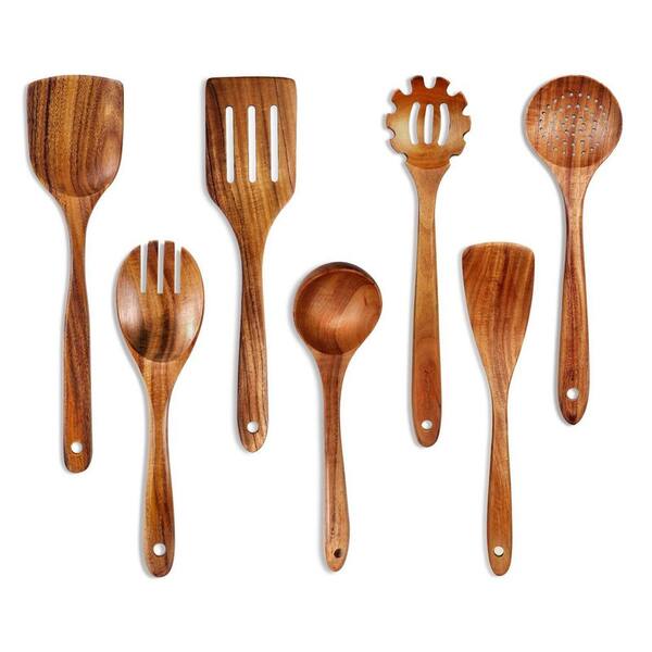 Natural Teak Wood 7-Piece Comfort Grip Wooden Cooking Utensils Set for Kitchen Cooking, Baking and Food Prep