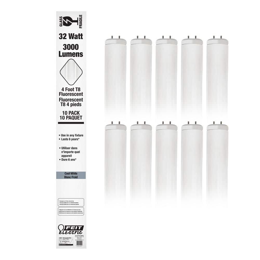 Feit Electric - 32-Watt 4 ft. T8 G13 High Output Linear Fluorescent Tube Light Bulb, Cool White 4100K (10-Pack)