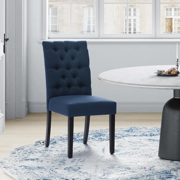 NINA Button Tufted Back Teal Linen Upholstered Dining Side Chair