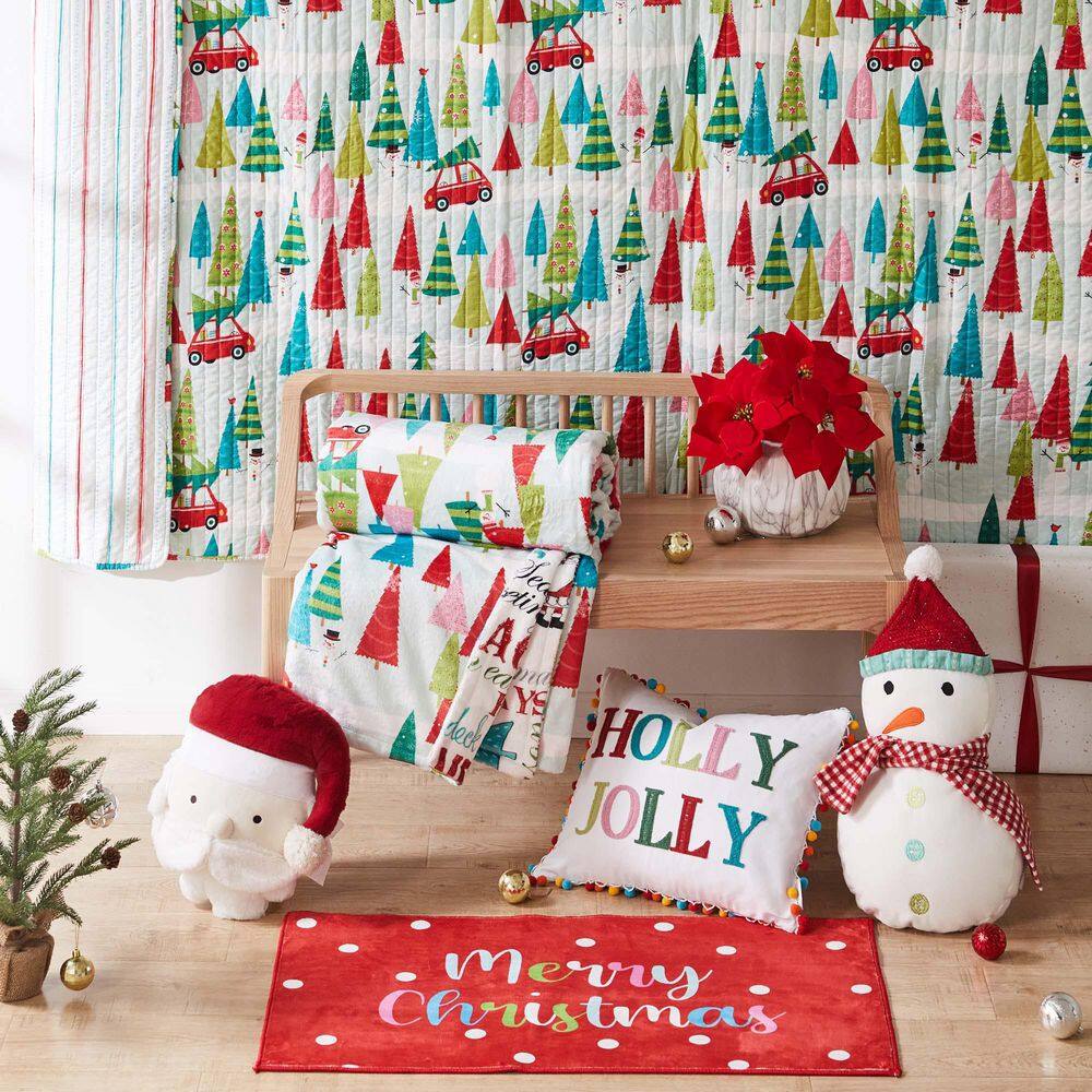 Merry & Bright Embroidered Snowman Pillow with Red Scarf