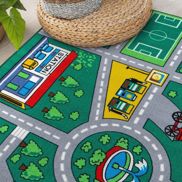 World Rug Gallery Kids Playmat Green 6 ft. 6 in. x 9 ft. Road