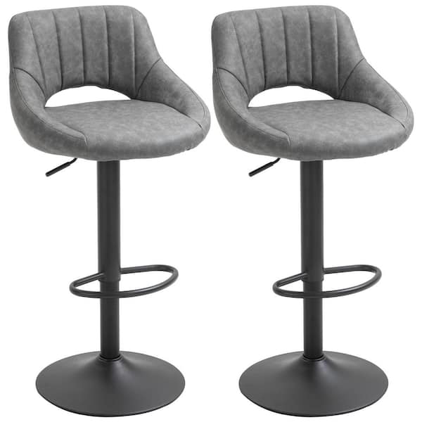 HOMCOM 41.75 in. Grey Small Back Metal Bar Height Swivel Bar Stool with PU Leather Seat (Set of 2)