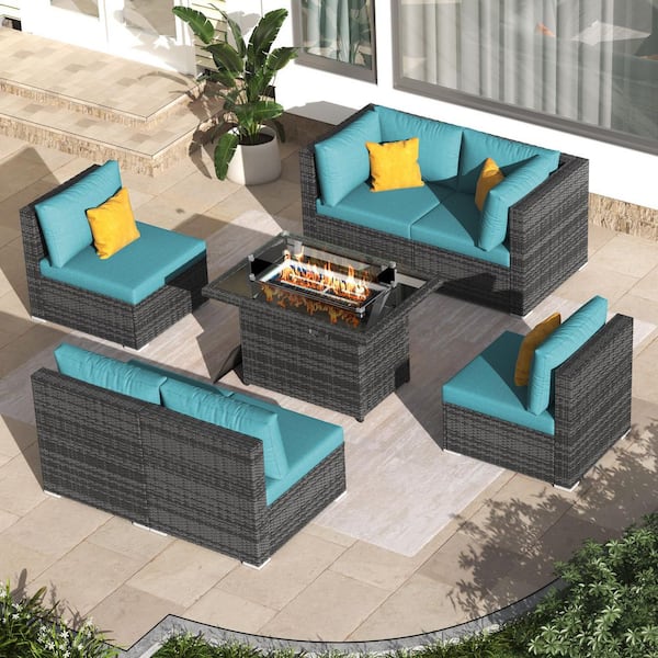 FINCATI Large Size 7-Piece Charcoal Wicker Patio Fire Pit Conversation Sectional Deep Seating Sofa Set with Teal Cushions