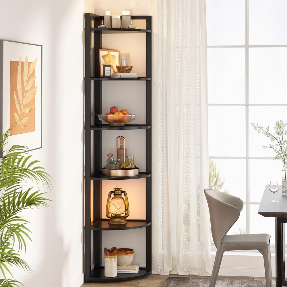 BYBLIGHT 70.9 in. Tall Black Engineered Wood 6Shelf Corner Bookcase