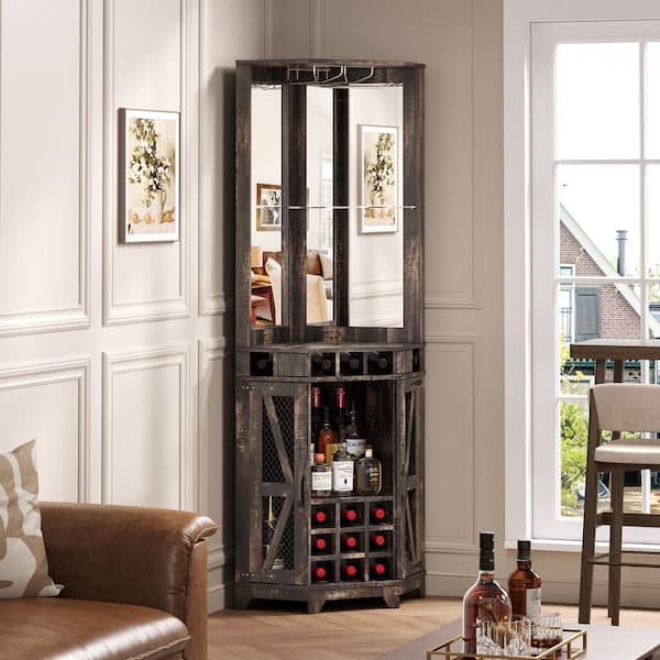 Walnut 72 in. Accent Storage Cabinet, Corner Bar & Wine Cabinet with Power Outlet, Mirrored Shelves, Lights & Glass Rack