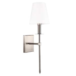 1-Light Satin Nickel Wall Sconce with White Fabric Shade