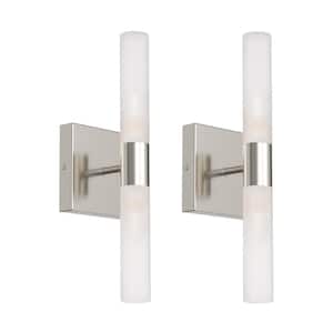 3.94 in. 2-Light Brushed Nickel Cylinder Bathroom Vanity Light Wall Sconces with Frosted White Glass Shade (2-Pack)