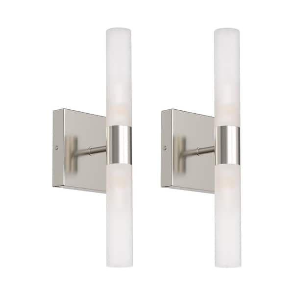 YANSUN 4 in. 2-Light Brushed Nickel G9 Base Cylinder Bathroom Vanity Light Wall Sconces with Frosted Glass Shade (2-Pack)